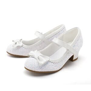 Girls Sparkly White Dress Shoes 1.5in Low Heel Size 11